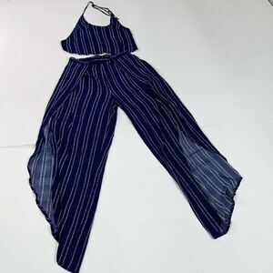 Olivaceous Pants Top Womens Medium Blue Striped Halter Cropped Slit Cruisewear
